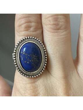 Boho Silver-Tone Statement Ring with Blue Stone – Size 8